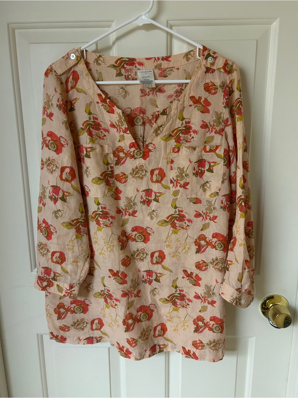 Lands' End Floral Linen V-Neck Tunic in Peach and Taupe